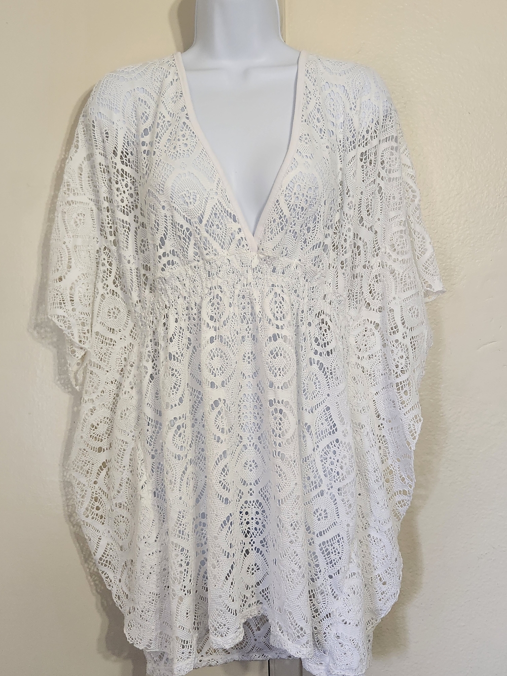 Miken White Crochet V-Neck Beach Coverup